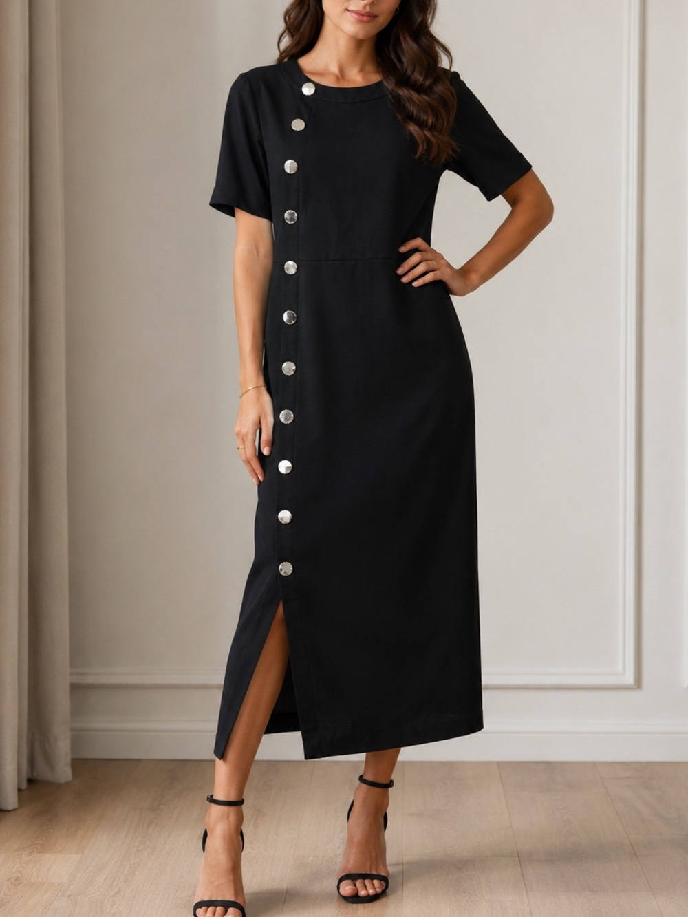 Eloquii Black Short-Sleeve Midi Dress Asymmetrical Button Trim very stretchy 24
